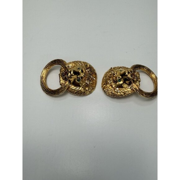 Vintage D’Orlan Gold Tone Lion Head Clip On Earrings Emerald Eyes 2” - Picture 10 of 14